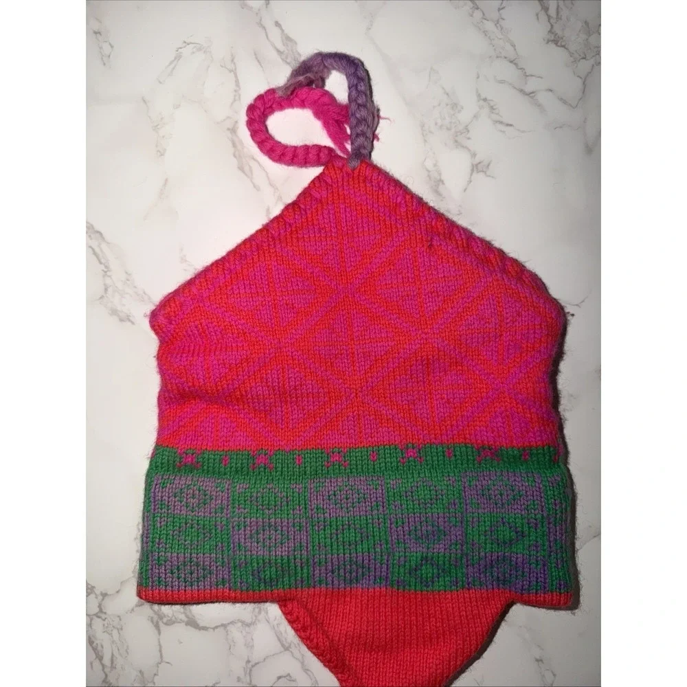 VTG Obermeyer Wool Hat Kids Bright Neon Retro USA 100% Wool Winter Ski Ear Flaps